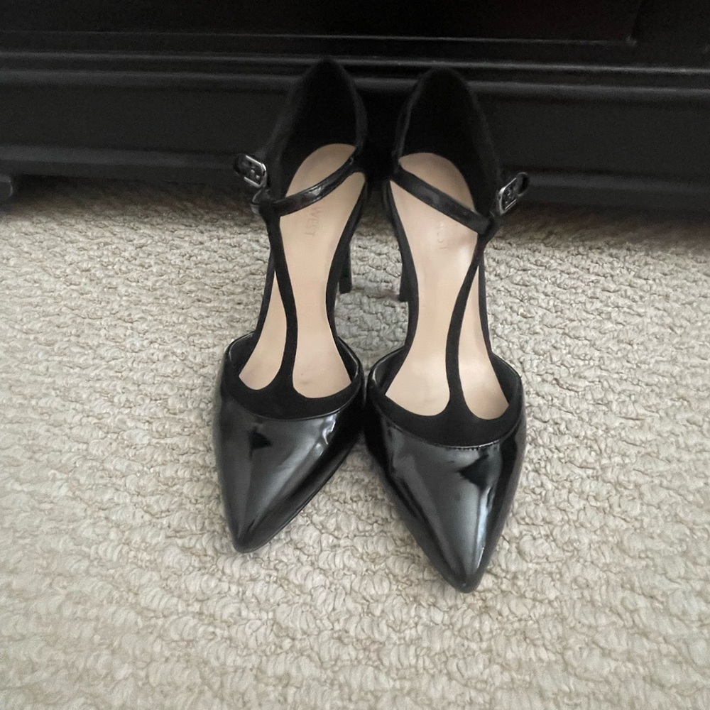Nine West black, patent leather t-strap heels